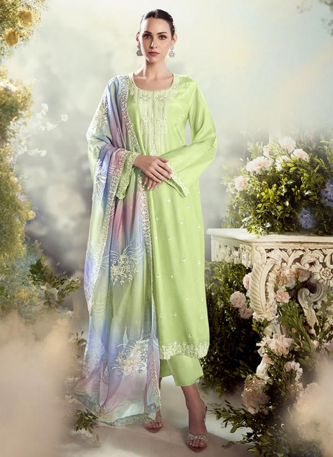 Modal Silk Green Party Wear Emboidery Work Straight Suit